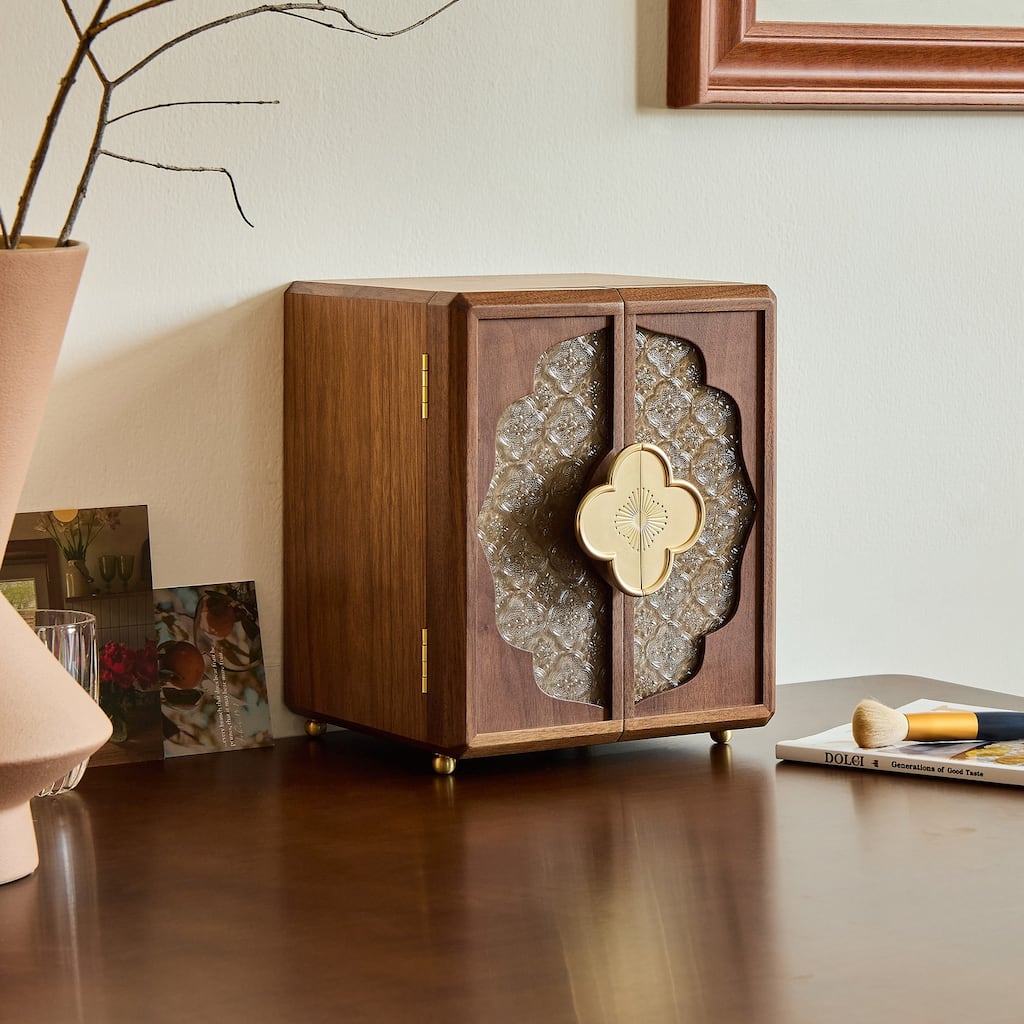 Handmade 5-Layer Jewelry Box – Black Walnut Wood with Velvet Interior, Magnetic Doors, Gold Handle – Elegant Storage - 9 in