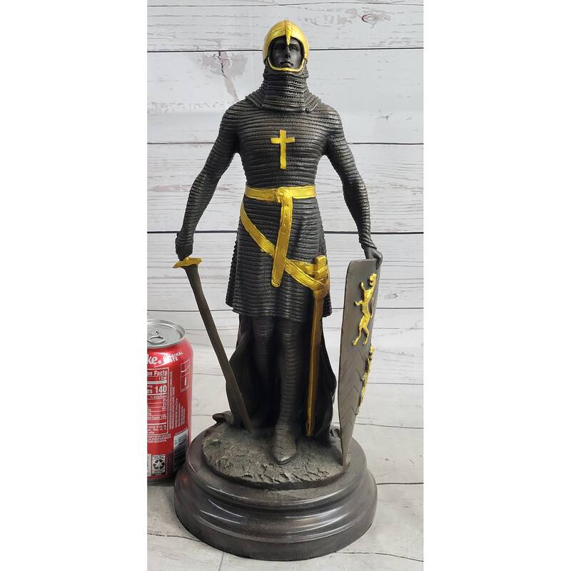 Medieval Templar Knight Crusader Soldier Warrior Bronze Sculpture Statue Figure Marble Base