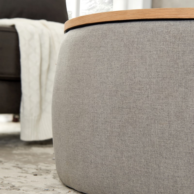 Round Storage Ottoman, Upholstered Coffee Table with Wooden Reversible Lid, 2 in 1 Function Foot Stool for Living Room, Office - LIGHT GREY
