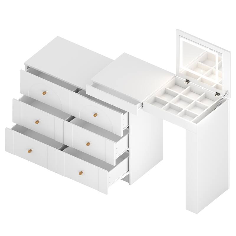 Vanity Desk with Mirror and Lights, Makeup Vanity Table with Flip-Top Tabletop and Storage 7 Drawers, 9 Compartments, 3 Shelves