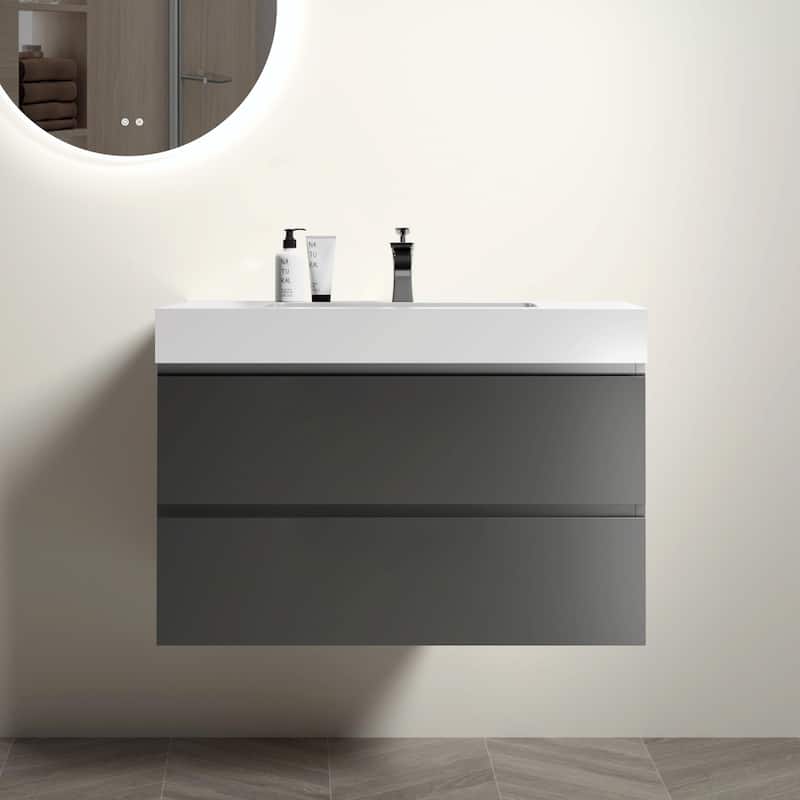 36"/30"/24" Floating Bathroom Vanity with Sink, Wall-Mounted Storage Cabinet - White+Grey - 36" Width