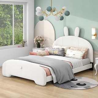 Full Size Upholstered Platform Bed With Cartoon Ears Shaped Headboard 