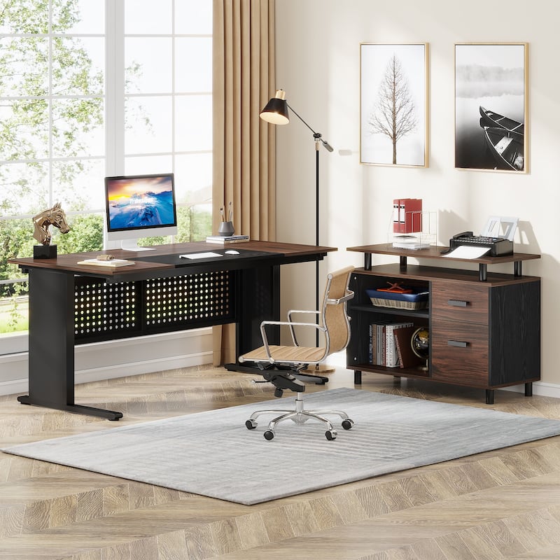 63 Inch Executive Desk with File Cabinet, L Shaped Desk with Drawers and Shelves for Home Office