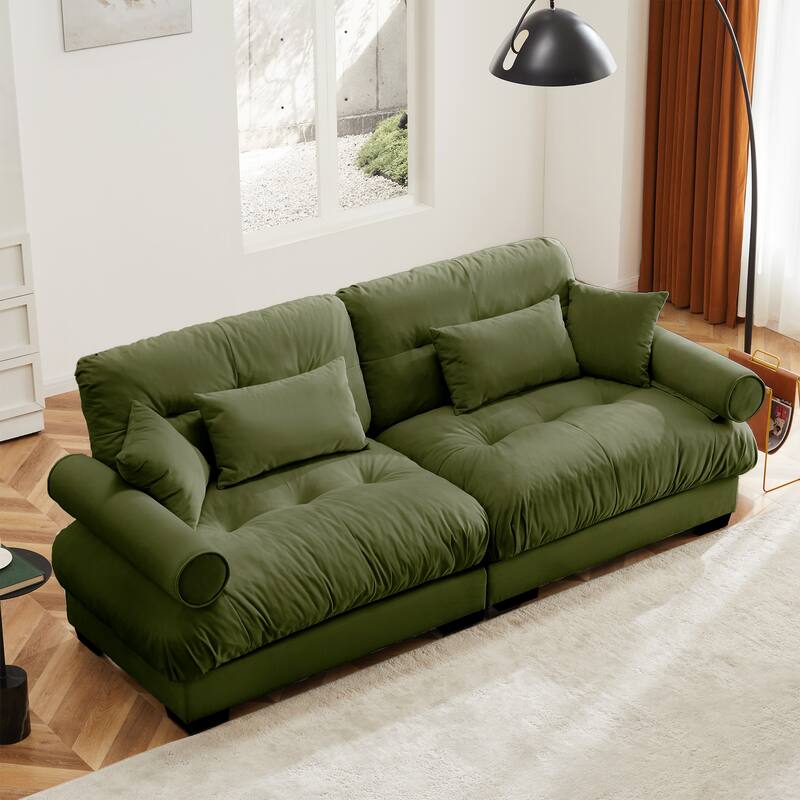 Modern Two-Seater Sofa With Bolstered Armrests,Velvet 2-Seater Sofa With Waist Pillows And Throw Pillows