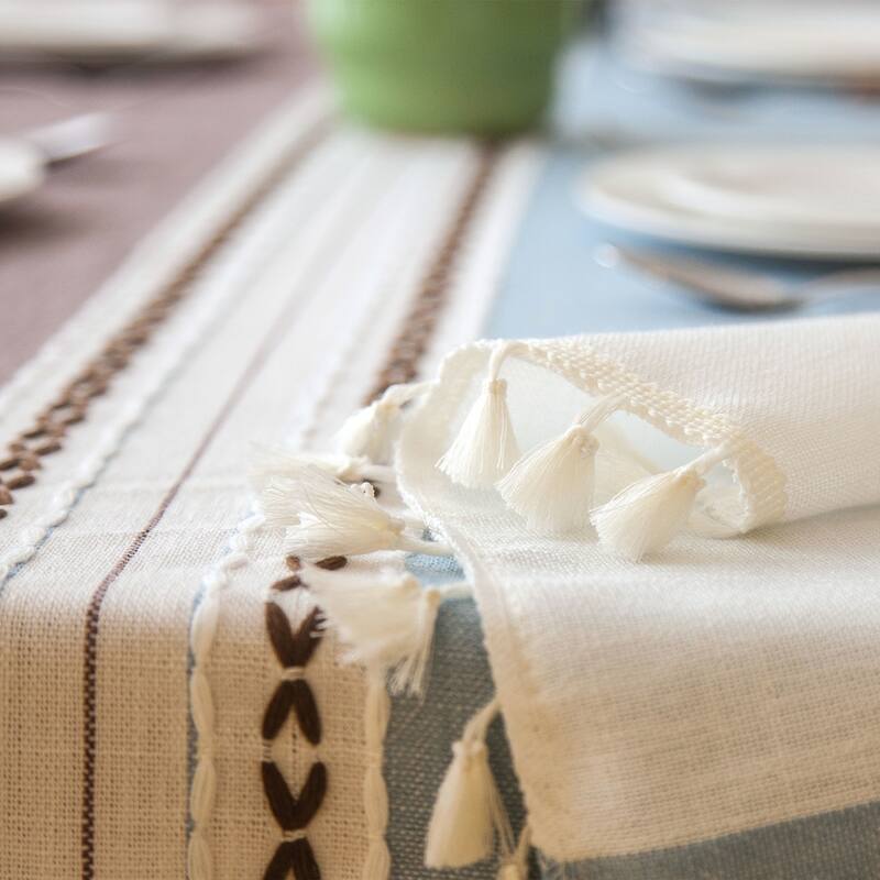 Enova Home 54"x 78" High Quality Rectangle Cotton and Linen Tablecloth with Tassels