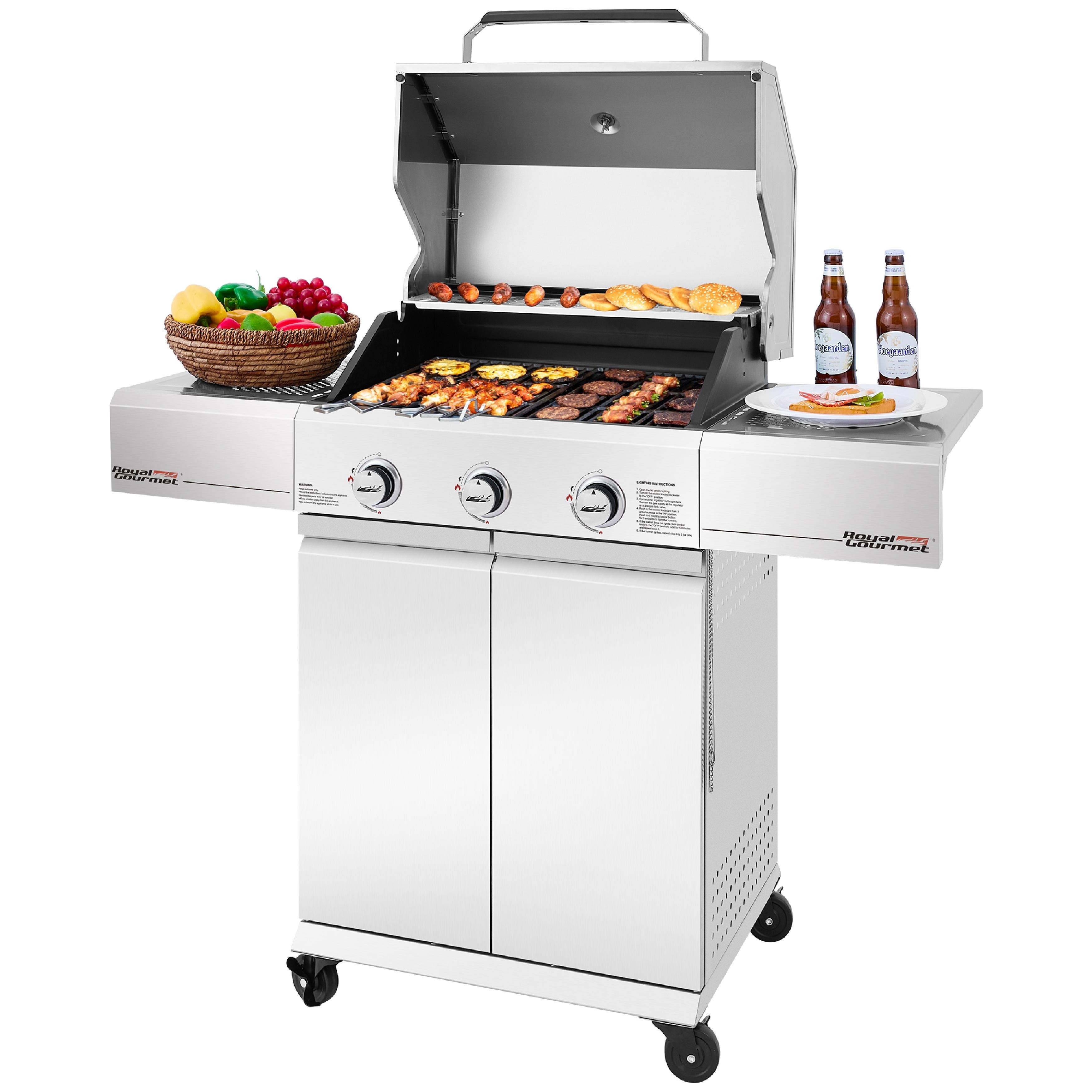 Royal Gourmet SG3002S Cabinet Style Stainless Steel 3-Burner Gas Grill with Side Shelves, 30,000 BTU