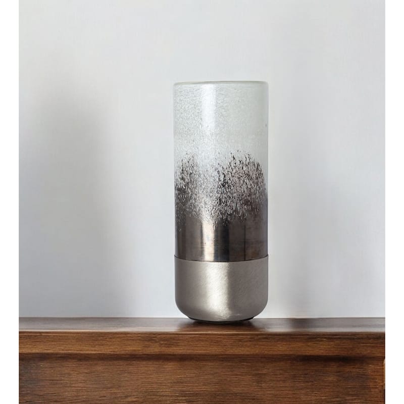 White Crystal Glass Cylinder Table Vase Abstract Pattern Indoor Decorative Accent