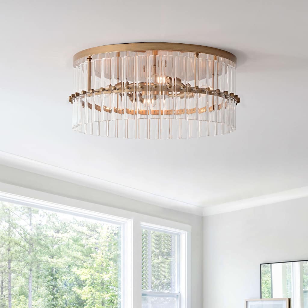 Casandra 18.7" 4-Light Hollow Half-cut Glass Drum Flush Mount - Brushed Brass