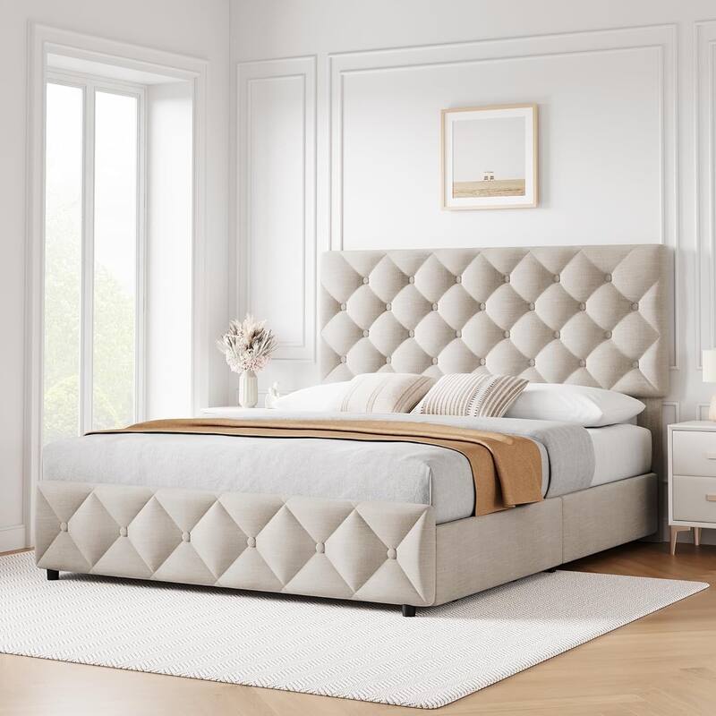 Garvee Bed Frame with 4 Storage Drawers and Headboard, Linen Upholstered Platform Bed Frame