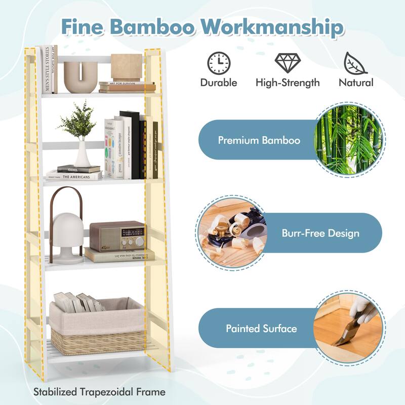 Costway Multifunctional 4 Shelf Bamboo Bookcase Ladder Plant Flower - See Details