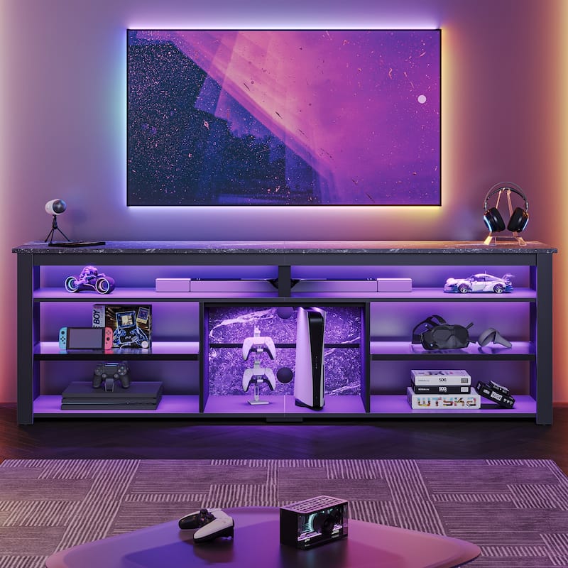 Bestier Tall LED TV Stand for TV, Modern Marble Entertainment Center with Storage for PS5, Gaming Console for Gaming Room - Black