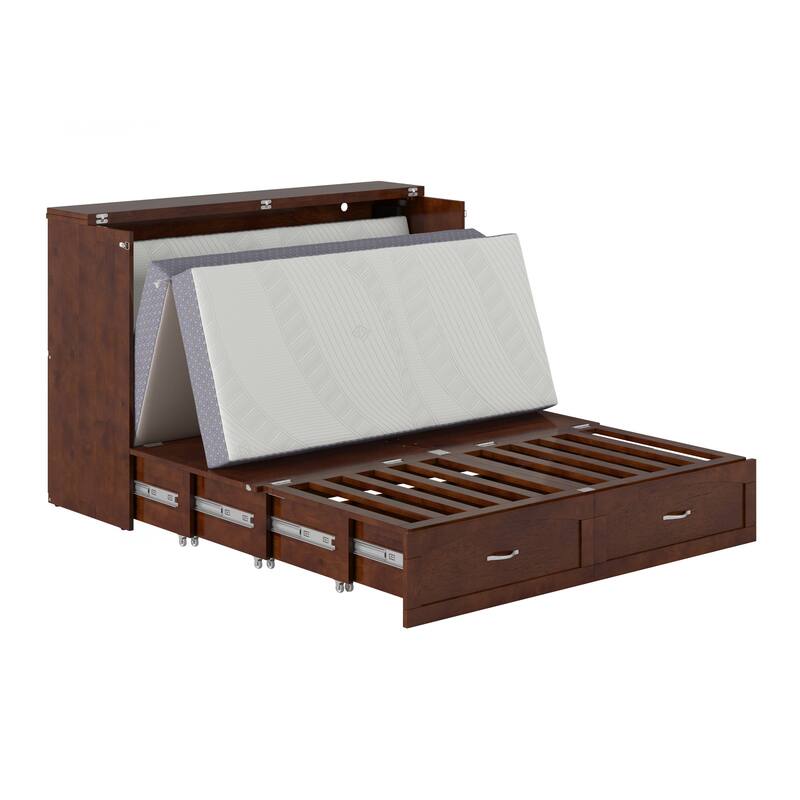 Marion Queen Murphy Bed Chest with 6" Mattress, Storage Drawer & Built-In Charger