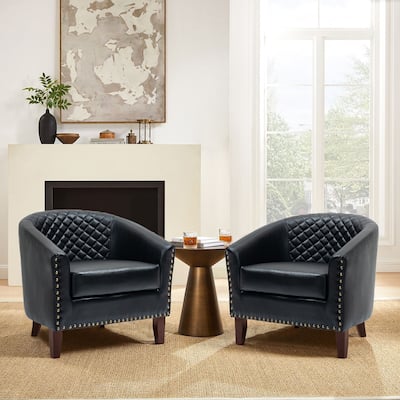 2 Set 29" W Vegan Leather Barrel Accent Chairs with Nailheads Trim