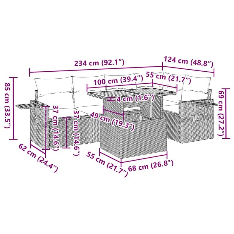 vidaXL Patio Sofa Set with Cushions Lounge Table and Sofas 6 Piece Poly Rattan - 21.7 x 39.4 x 28.7