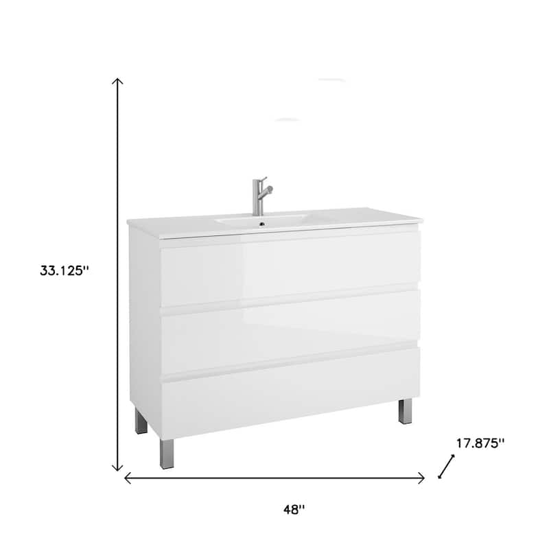 HomeRoots 48" White Wood Freestanding Bathroom Vanity With White Sink And Three Drawers - 48.00 in. x 33.12 in. x 17.88 in.