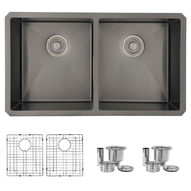 STYLISH 32 inch Graphite Black Double Bowl Undermount Stainless Steel Kitchen Sink with Grids and Basket Strainers Handmade