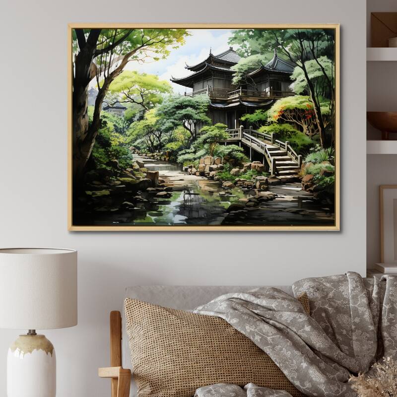 Designart "Japon Art Zen Garden Serenity I" Japanese Framed Wall Art Prints - 40 in. wide x 30 in. high - Natural