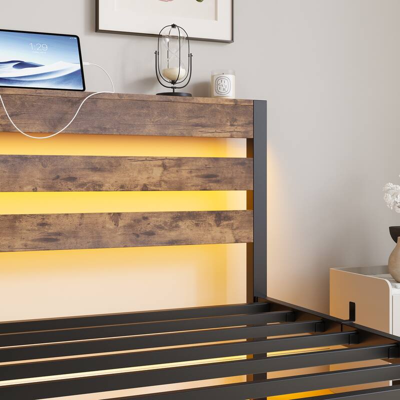 Metal Bed Frame Slats Platform Bed Open Frame with RGB LED Light and 2 USB Ports, Wooden Headboard, No Box Spring Needed