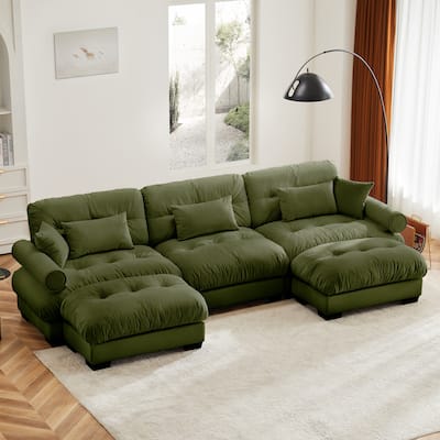 130" Velvet Modular Sectional Sofa with Ottomans & Pillows