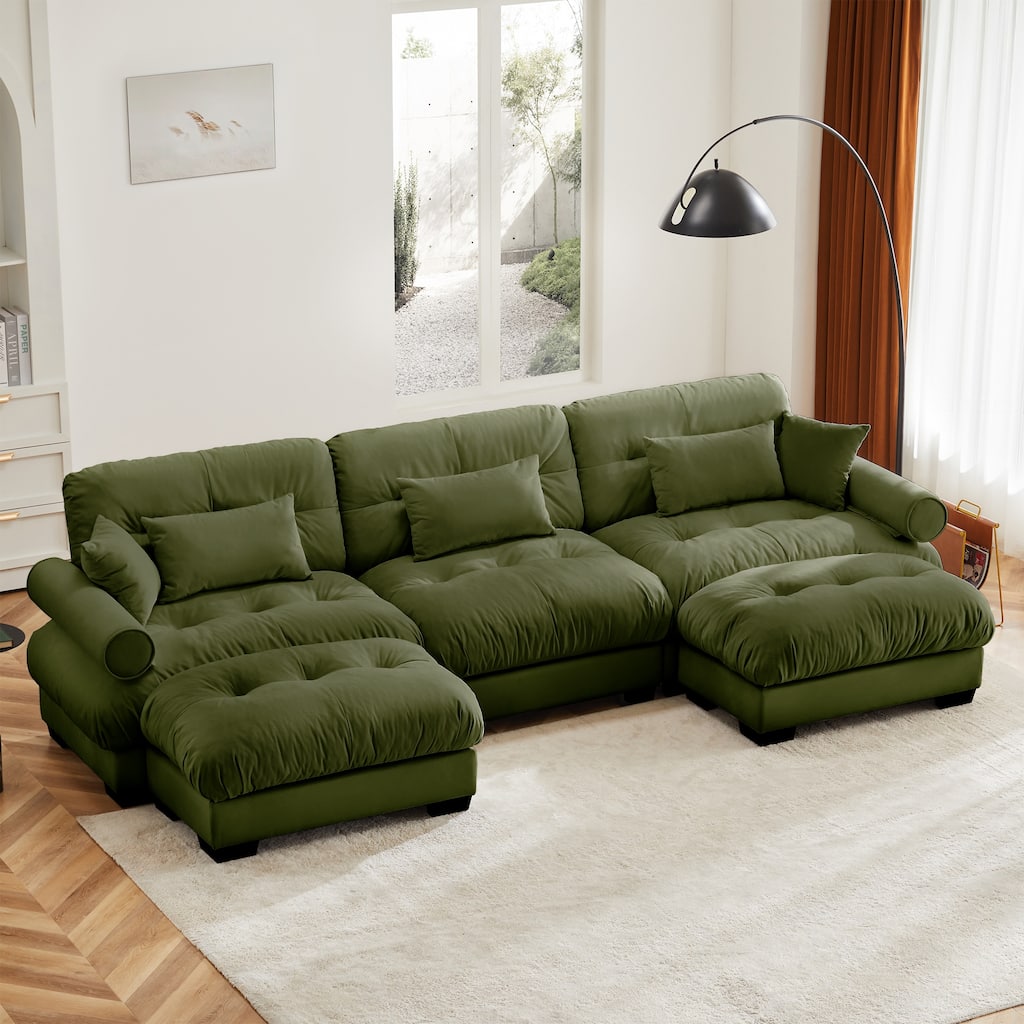 U Shape Modular Sectional Sofa Couch with Two Movable Ottomans, Modern 3 Seat Corner Sofa With Waist Pillows