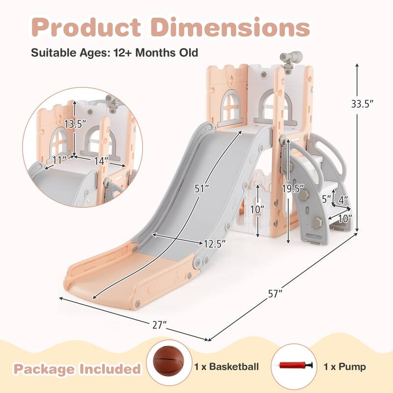 6 in 1 Toddler Slide and Playset for Kids with Basketball Hoop Climber Telescope and Storage - 27" x 57" x 33.5" (L x W x H)