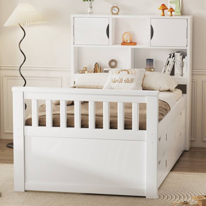 Twin Size Captain Platform Bed Frame with Storage Bookcases and Shelves