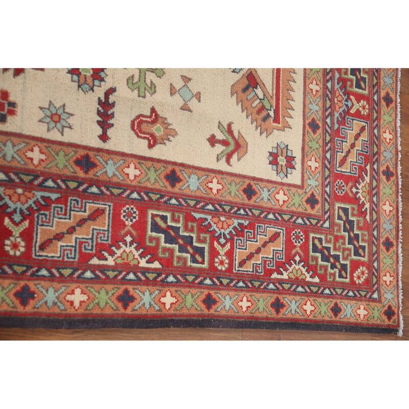 Hand Knotted Oriental 100% Wool Carpet Traditional Geometric Beige & Ivories Kazak Area Rug - 9' 10'' X 6' 5''