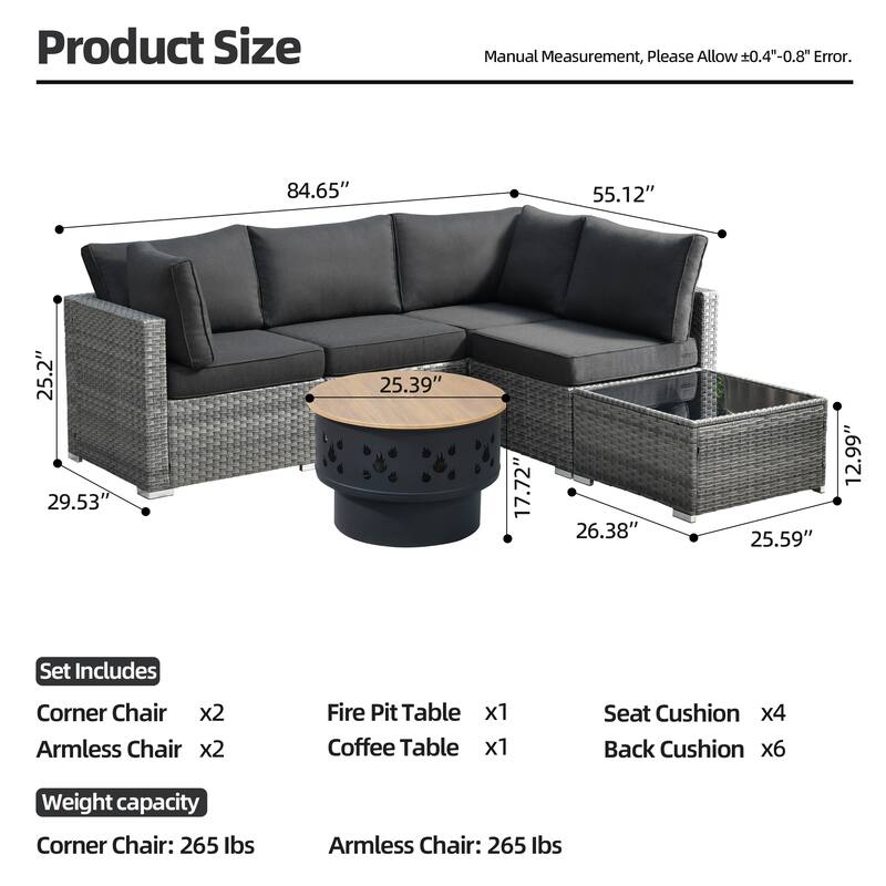 XIZZI 6-piece Outdoor Wicker Furniture Sectional Set with Wood Burning Firepit