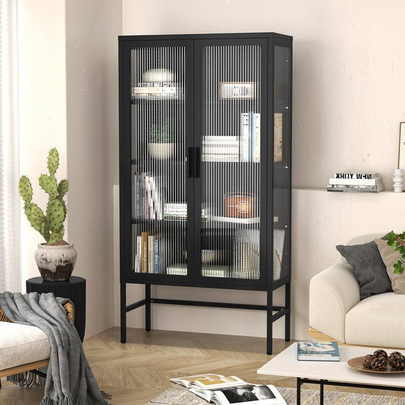 61.02"H Modern Display Sideboard Buffet with Adjustable Shelves, Anti-Tip Kit, Tempered Glass Doors