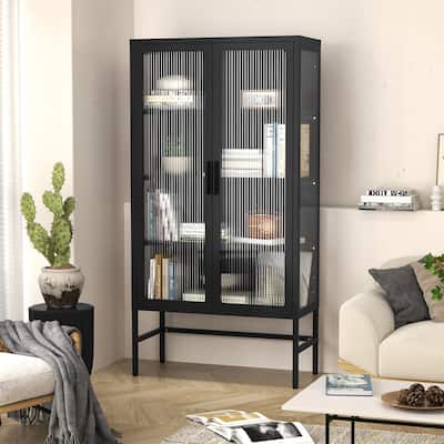 61.02"H Modern Display Sideboard Buffet with Adjustable Shelves, Anti-Tip Kit, Tempered Glass Doors