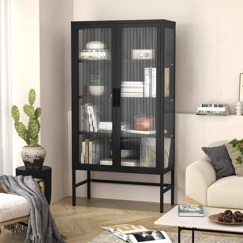 61.02"H Modern Display Sideboard Buffet with Adjustable Shelves, Anti-Tip Kit, Tempered Glass Doors