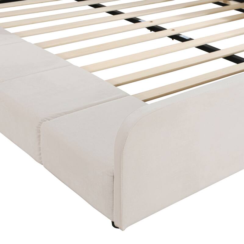 Full Size Upholstered Grounded Bed, Mother & Child Bed with Bedside Desk and Little Round Stool