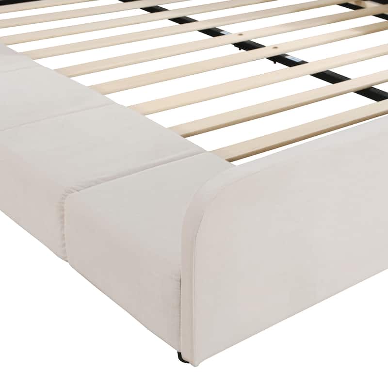 Queen Size Upholstered Grounded Bed, Mother & Child Bed with Bedside Desk and Little Round Stool, Velvet, Beige