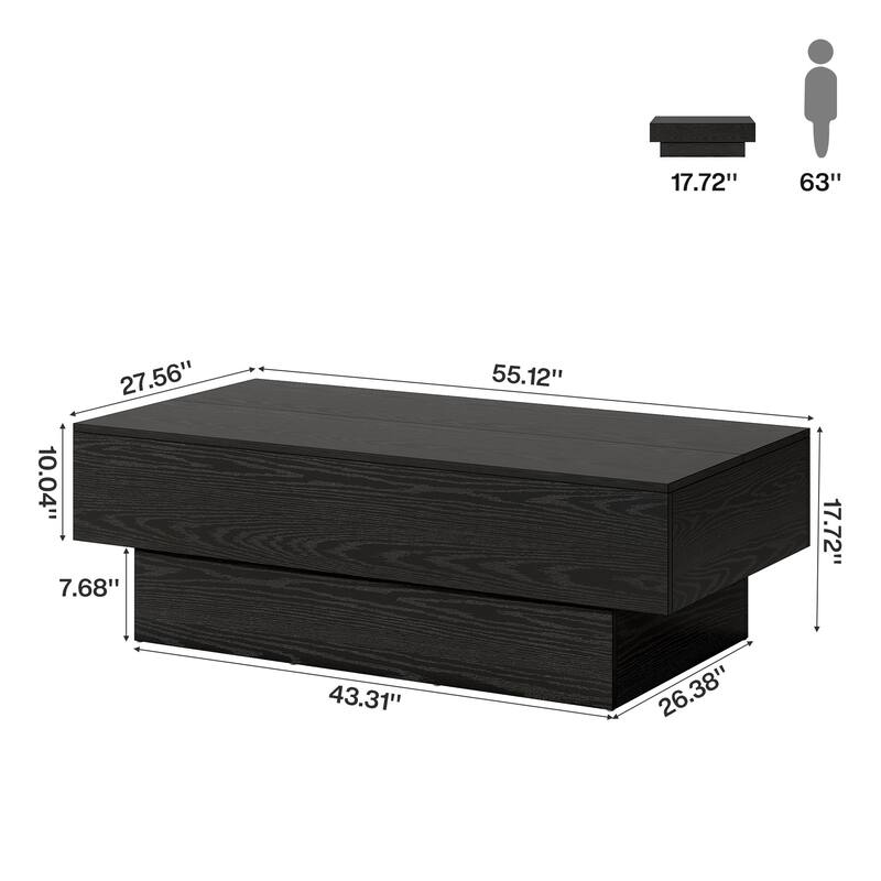 Modern Black Coffee Table, 55-Inch Rectangle Wooden Tea Table