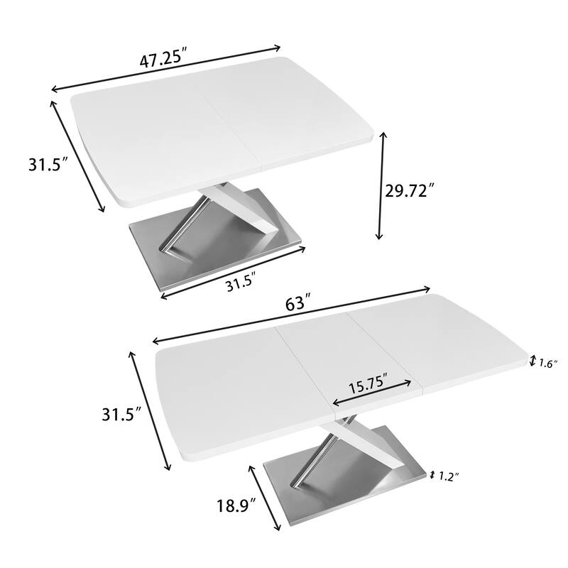 Modern Square Dining Table, Stretchable, with X-Shape Table Leg with Metal Base