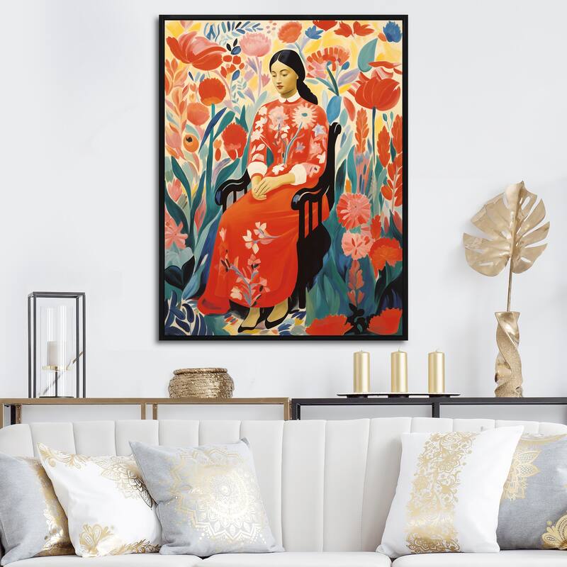 Designart "Mexican Floral Woman Portrait I" Woman Mexican Red Wall Decor - Glam Living Room Framed Canvas Art - 12 in. wide x 20 in. high - Black