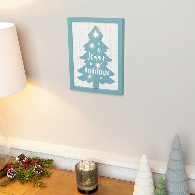 Lighted Happy Holidays Christmas Tree with Cable Knit Texture Wall Art - 12"