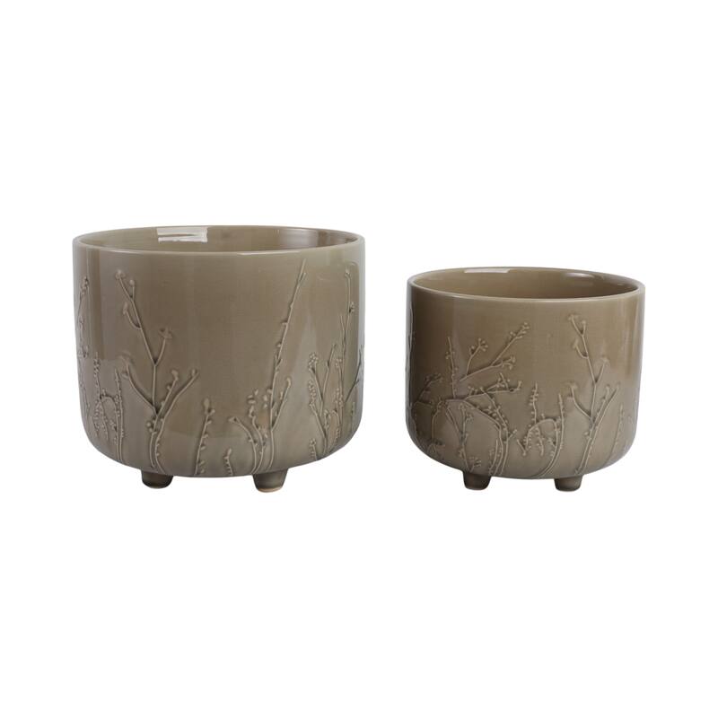 Ceramic Stoneware Planter with Raised Botanical Texture Footed Base
