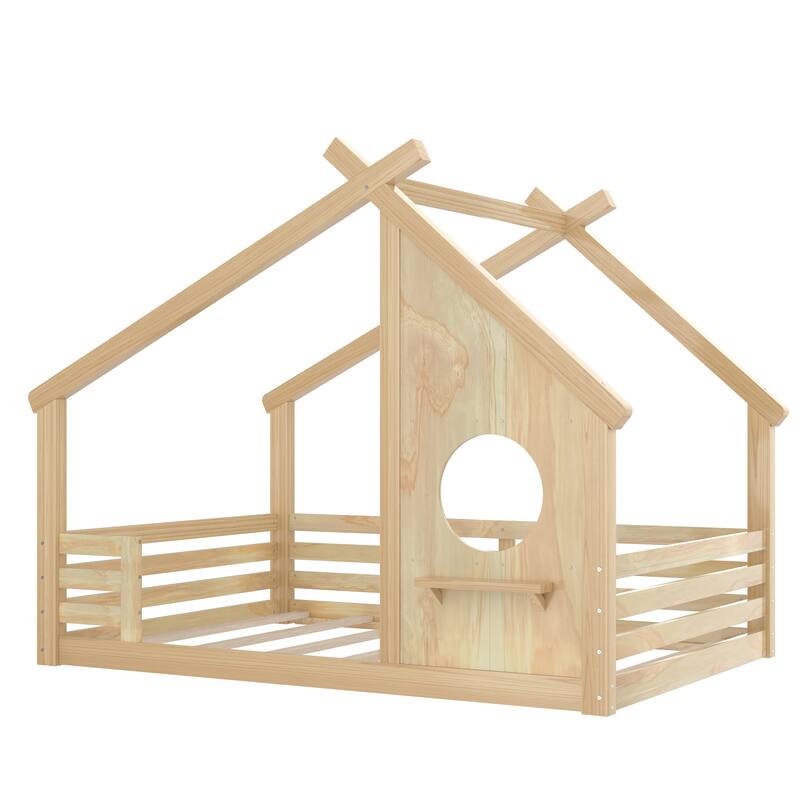 Full/Twin Size House Floor Bed with Window & Shelf, Solid Wood House-Shaped Design