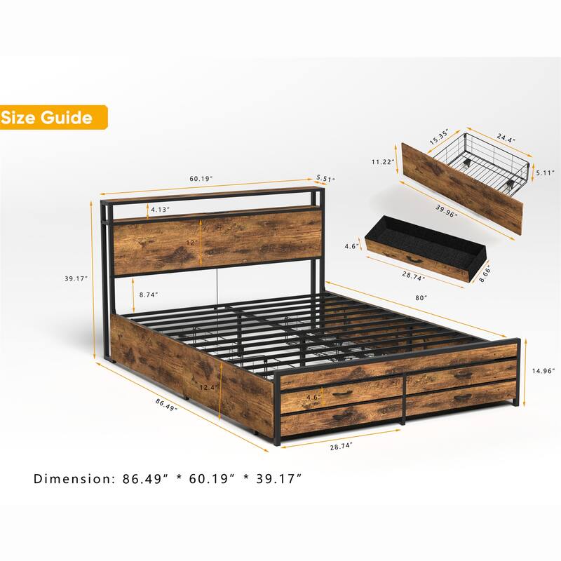 Full/Queen Size Metal Bed Frame w/ Drawers,LED Headboard,Charging Station