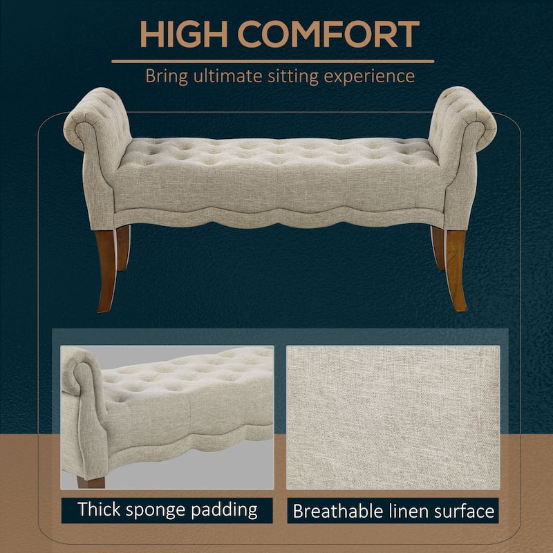 Beige and Brown Upholstered Linen Bench with Button Tufting and Foam Cushion for Entryway - 48.75'' W x 16.5'' D x 24.25'' H