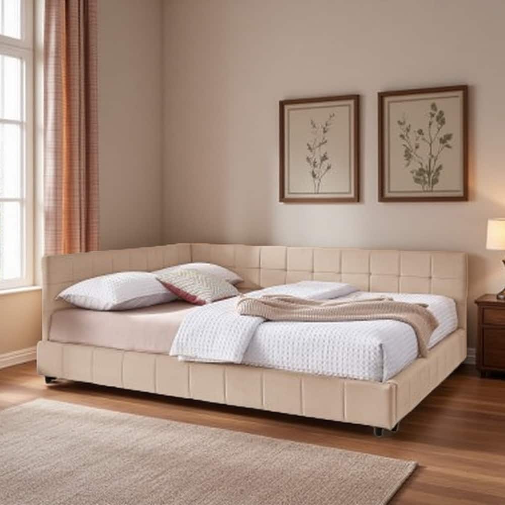 Mid-Century Velvet Queen Daybed with Tufted Backrest and Armrest, Convertible Sofa Bed Frame, Sturdy Upholstered Platform