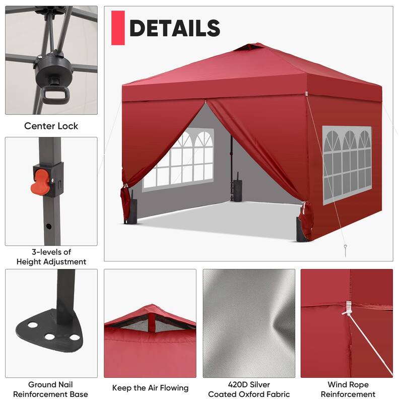 Ainfox 10x10 Pop Up Canopy Tent with 4 Sidewalls, Easy Set up with One Push Lift Outdoor Beach Gazebos with 4 Sandbags