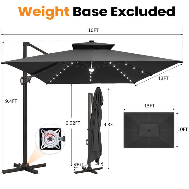 VredHom 10X13 FT Outdoor Cantilever Patio Umbrella Solar LED Light