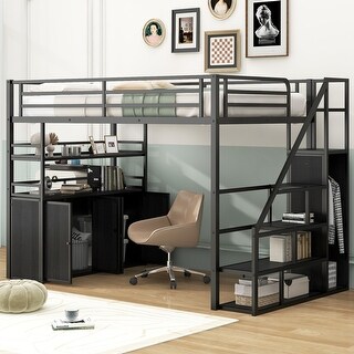 Metal Loft Bed with Bulit-in Wardrobe and Storage Staircase, Full Size Loft Bedframe with Locker and Storage Shelves for Kids