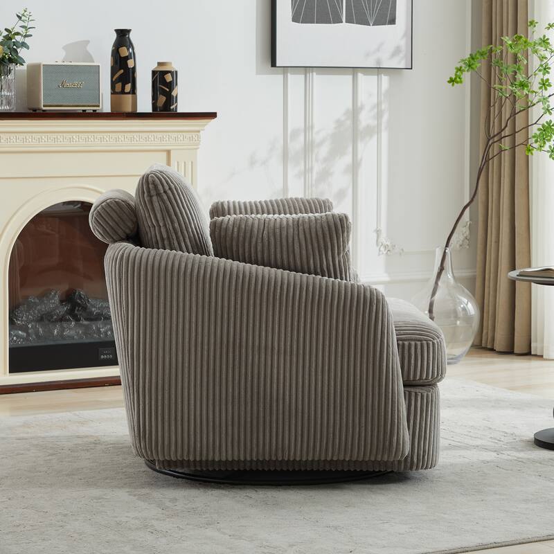 Corduroy Fabric Swivel Accent Chair, Oversized Round Armchair with 2 Thorw Pillows, Ergonomic Upholstered Lounge Sofa Chair