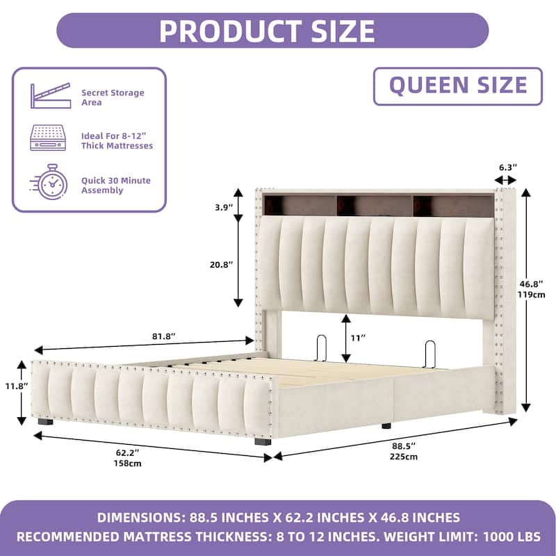Lift Up Storage Nailhead Bed Frame with Charging Station, Velvet Upholstered Platform Bed with RGB LED Lights - Queen