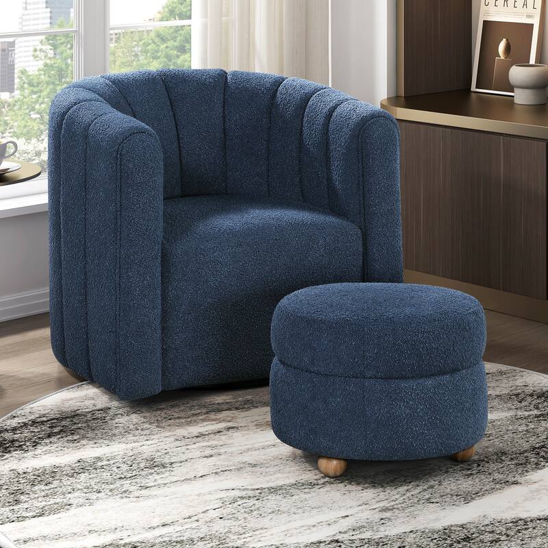 Arden 31" Boucle Swivel Chair with Ottoman - Solid Wood Legs