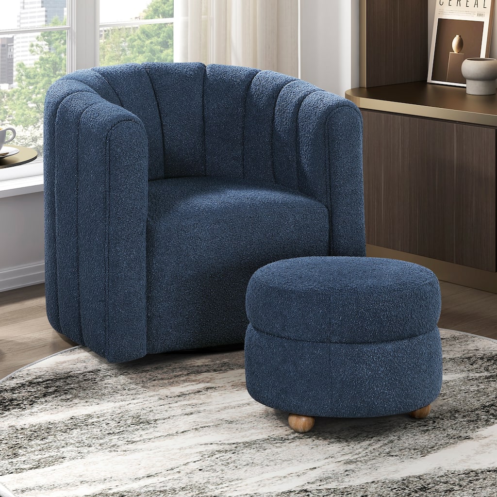 Arden 31" Boucle Swivel Chair with Ottoman - Solid Wood Legs