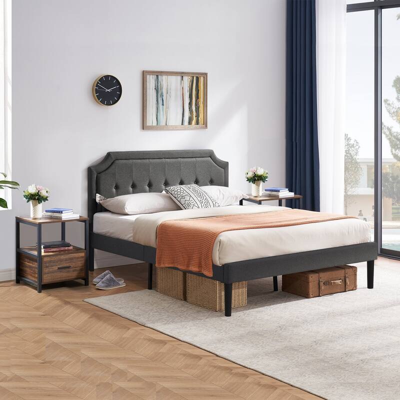 VECELO 3-Pieces Modern Upholstered Bed with Height Adjustable Headboard and Nightstands Sets